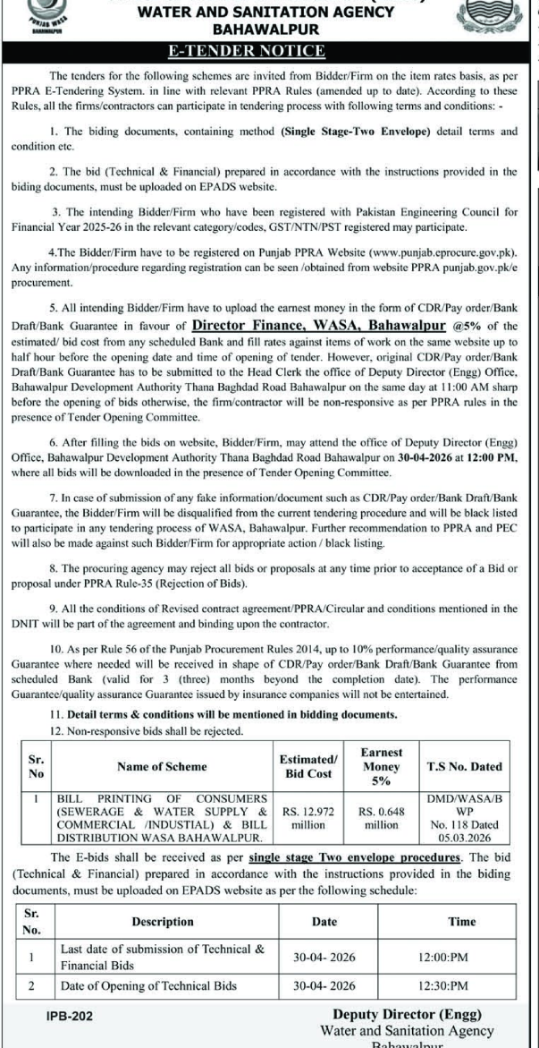 WASA Bahawalpur E-Tender: Consumer Bill Printing & Distribution – Tenders ad in Bahawalpur from Nawa-i-Waqt, published 16 Apr 2026