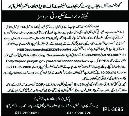 Security Services Tender - Post Graduate Institute Faisalabad – Tenders ad in Faisalabad from Nawa-i-Waqt, published 16 Apr 2026