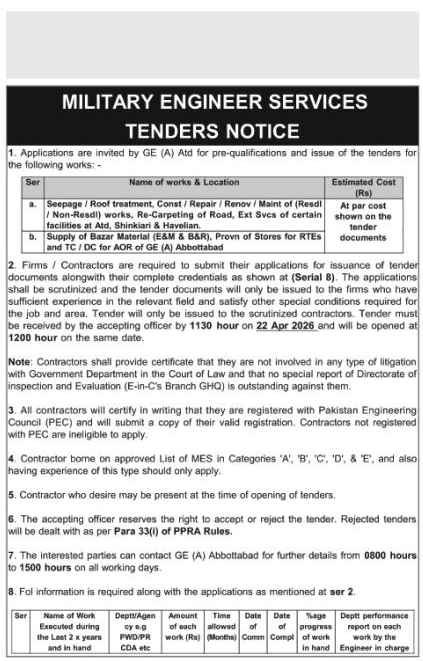 Military Engineer Services Tenders Abbottabad – Tenders ad in Abbottabad from The Nation, published 16 Apr 2026