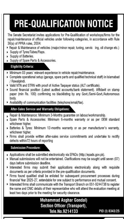 Pre-Qualification Notice for Vehicle Maintenance - Senate Secretariat – Tenders ad in Islamabad from The Nation, published 16 Apr 2026