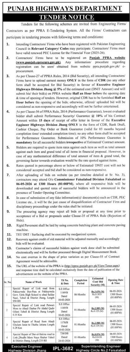 Punjab Highways Dept Tender for Road Repairs Jhang Faisalabad – Tenders ad in Faisalabad from The Nation, published 16 Apr 2026