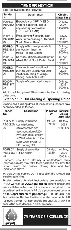 PPL Tender Notice for Various Supplies, Services & Works – Tenders ad in Karachi from The News International, published 16 Apr 2026