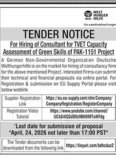 Tender for Consultant for TVET Capacity Assessment – Tenders ad in Karachi from The News International, published 16 Apr 2026