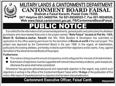 Public Notice - Wafa Palace Project Demolition - Cantonment Board Faisal – Notices ad in Karachi from The News International, published 16 Apr 2026