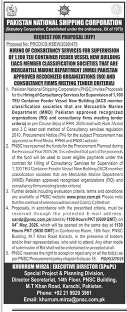Consultancy Services for Container Feeder Vessel New Building – Tenders ad in Karachi from The News International, published 16 Apr 2026