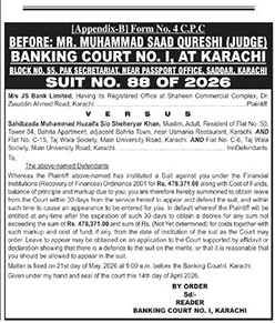 Banking Court Summons - JS Bank vs Sahibzada Muhammad Huzaifa – Notices ad in Karachi from The News International, published 16 Apr 2026