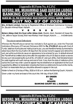 Banking Court Summons - JS Bank vs Mohsin Abbas Zaidi – Notices ad in Karachi from The News International, published 16 Apr 2026