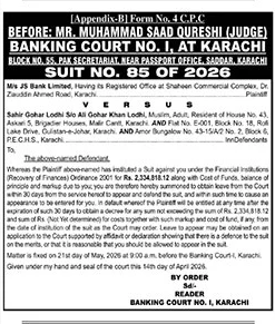Banking Court Summons - JS Bank vs Sahir Gohar Lodhi – Notices ad in Karachi from The News International, published 16 Apr 2026