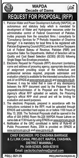 WAPDA RFP for Consultancy Services Chashma Barrage – Tenders ad in Mianwali from The News International, published 16 Apr 2026