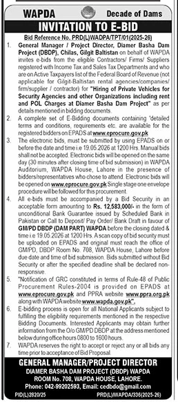 WAPDA E-Bid for Security Agencies & Other Organizations – Tenders ad in Lahore from The News International, published 16 Apr 2026