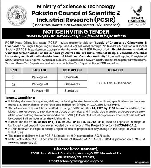 PCSIR Tender for Chemicals, Glassware & Standards - Islamabad – Tenders ad in Islamabad from The News International, published 16 Apr 2026