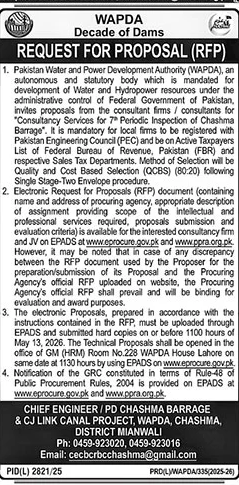 WAPDA RFP for Consultancy Services Chashma Barrage – Tenders ad in Chashma from The News International, published 16 Apr 2026