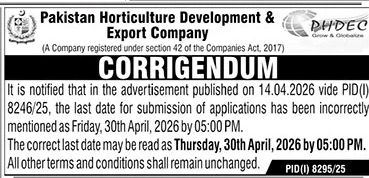 Corrigendum: PHDEC Application Submission Date Correction – Notices ad in Lahore from The News International, published 16 Apr 2026
