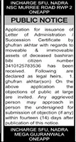 Public Notice: Succession Certificate for Bashiran Bibi's Assets – Notices ad in Lahore from The News International, published 16 Apr 2026
