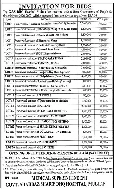 Invitation for Bids - Govt. Shahbaz Sharif DHQ Hospital Multan – Tenders ad in Multan from The News International, published 16 Apr 2026