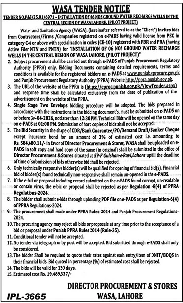 WASA Lahore Tender for Ground Water Recharge Wells – Tenders ad in Lahore from The News International, published 16 Apr 2026