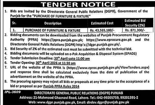 Tender for Purchase of Furniture & Fixture - DGPR Punjab – Tenders ad in Lahore from The News International, published 16 Apr 2026