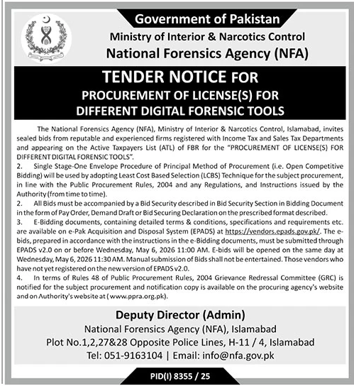 Tender for Digital Forensic Tools License - NFA Islamabad – Tenders ad in Islamabad from The News International, published 16 Apr 2026
