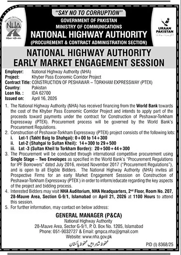 NHA Early Market Engagement Session - Peshawar Torkham Expressway – Tenders ad in Islamabad from The News International, published 16 Apr 2026