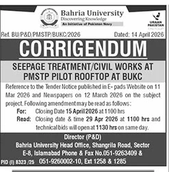 Bahria University Seepage Treatment Civil Works Tender Corrigendum – Tenders ad in Islamabad from The News International, published 16 Apr 2026