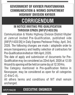 Pre-Qualification Corrigendum - C&W Highway Division Khyber – Tenders ad in Jamrud from The News International, published 16 Apr 2026
