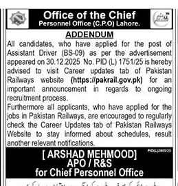 Pakistan Railways Assistant Driver Recruitment Update – Notices ad in Lahore from The News International, published 16 Apr 2026
