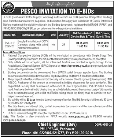 PESCO E-Bids for CCTV Cameras Supply & Installation – Tenders ad in Peshawar from The News International, published 16 Apr 2026