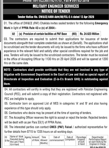 Military Engineer Services Tender for Facilities at PAF Base Chaklala – Tenders ad in Rawalpindi from The News International, published 16 Apr 2026