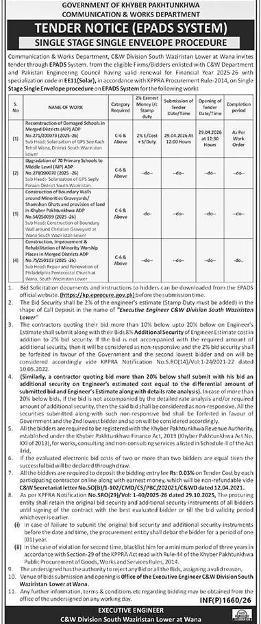 Tender Notice - C&W Division South Waziristan Lower – Tenders ad in Wana from The News International, published 16 Apr 2026