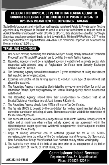 RFP for Testing Agency - AJK Inland Revenue Department – Tenders ad in Muzaffarabad from The News International, published 16 Apr 2026