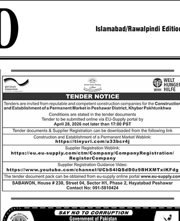 Tender for Permanent Market Construction in Peshawar – Tenders ad in Peshawar from The News International, published 16 Apr 2026