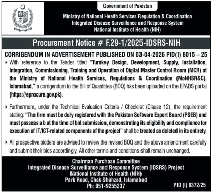 Corrigendum: Digital MCR Tender - NIH Islamabad – Tenders ad in Islamabad from Nawa-i-Waqt, published 16 Apr 2026