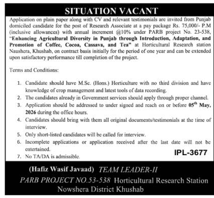 Research Associate Job at Horticultural Research Station Khushab – Jobs ad in Naushera from The Nation, published 16 Apr 2026